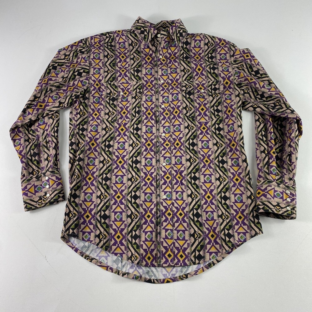 Wrangler Shirt Mens Medium Aztec Western Pearl‎ Snap Rodeo Rare Vintage